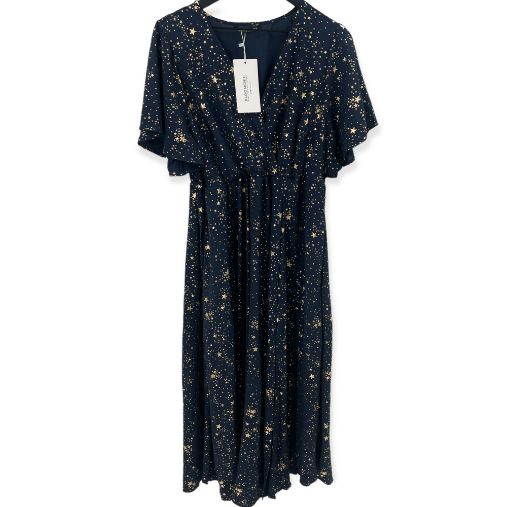 Bloomchic Navy Star Button Pocket Wrap Split Ruffles Maxi Dress Size 14/16